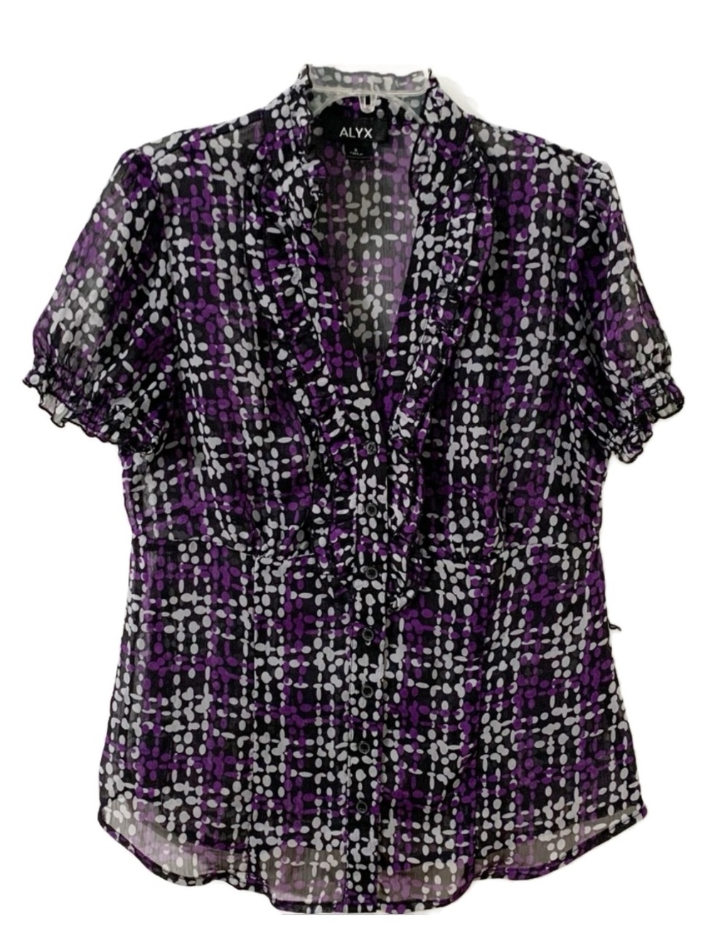Alyx Sheer Dot PlaidShort Sleeve Blouse Ruffles at Sleeve & Neckline Down Bodice